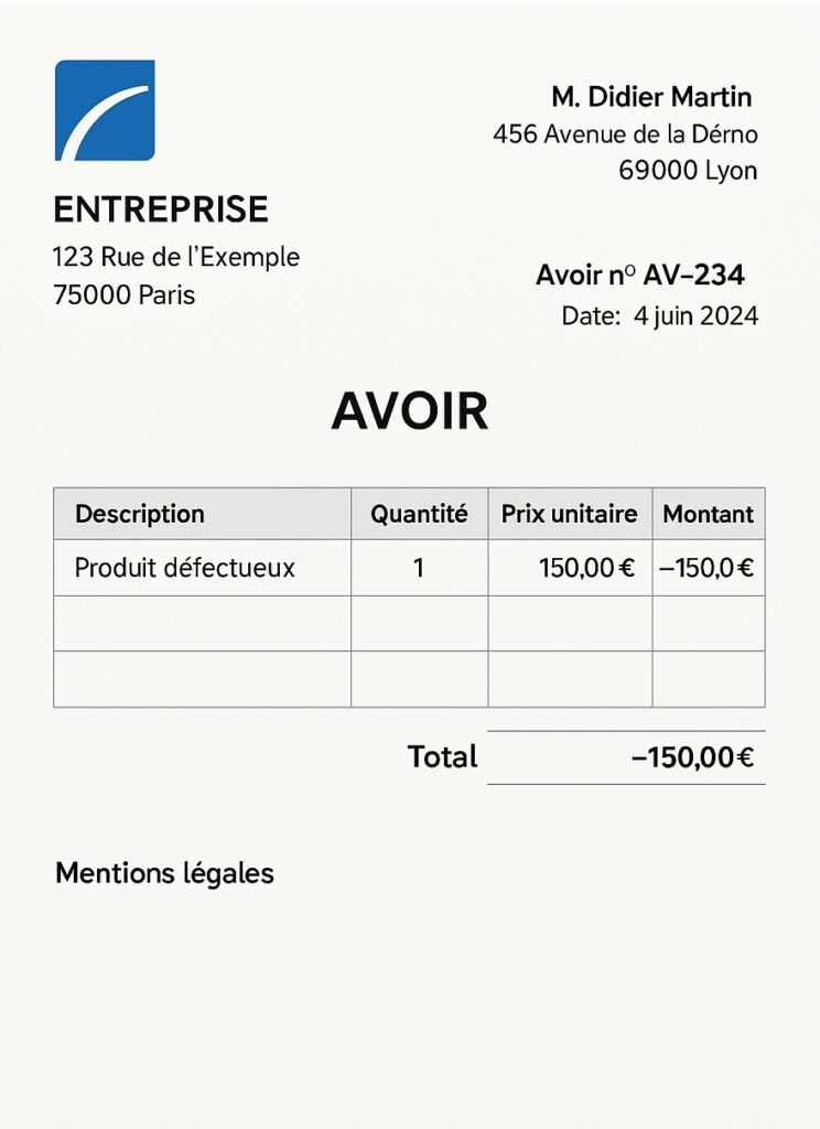 Comment rédiger une facture d'avoir exemple ?