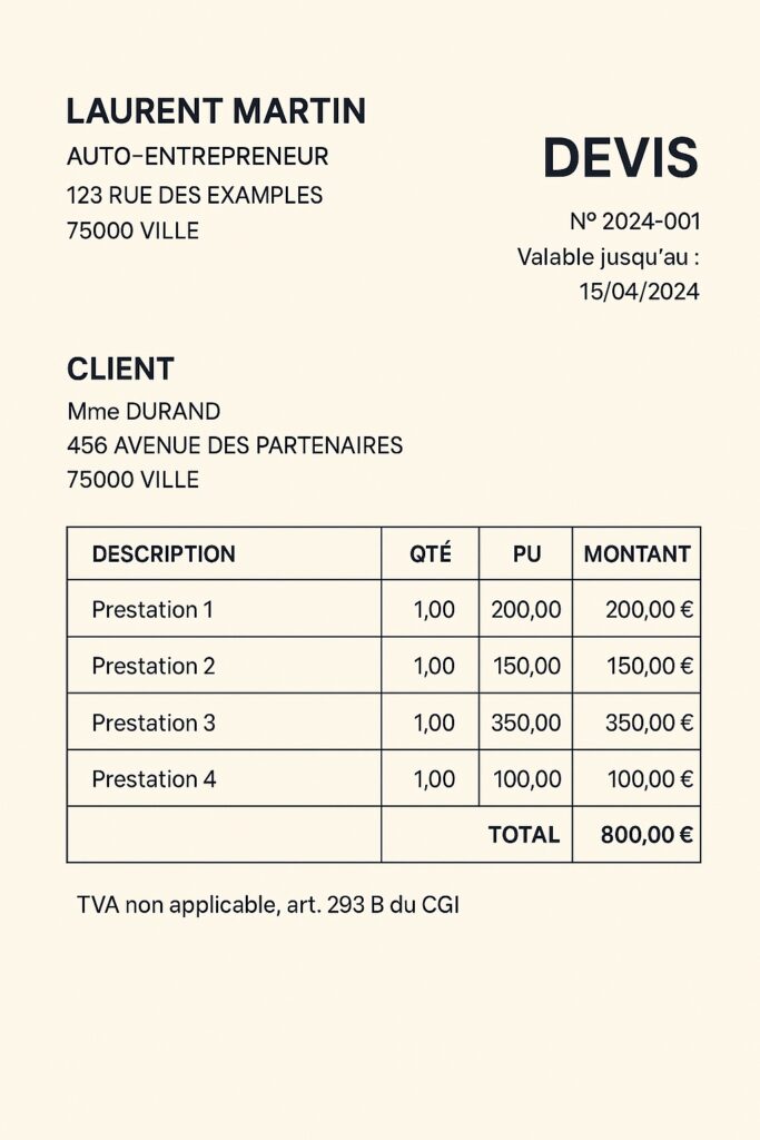 Modèle de devis auto-entrepreneur sans TVA